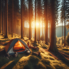 Tranquil Peaceful Relaxing Night Morning Waterproof Tourist Camping Tent Pitched in Middle of an Evergreen Forest with Tall Coniferous Trees at Sunset Sunrise Camp Meditation Hiking Adventure Vacation - obrazy, fototapety, plakaty