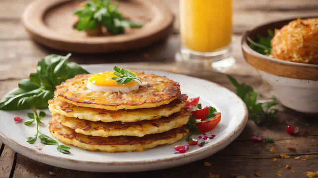Create an a photo realistic image of a mouthwatering zürcher geschnetzeltes with rösti on a rustic wooden table. The picture is very light and the sun is shining on the table. Photography.