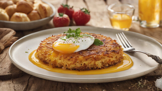 Create an a photo realistic image of a mouthwatering zürcher geschnetzeltes with rösti on a rustic wooden table. The picture is very light and the sun is shining on the table. Photography.