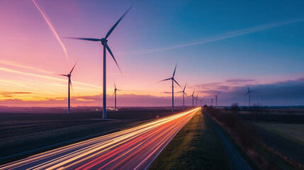 Long exposure highway next to wind turbines in farm country, USA during twilight