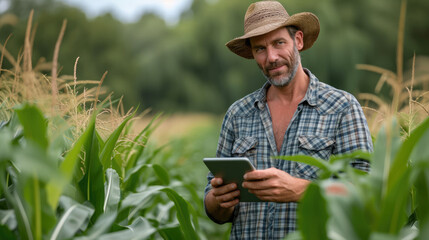 Happy farmer stands and smile holds tablet in his hands against background of working tractor in field. Concept ecology, transport, outdoor nature, clean air, food. Natural production bio product.