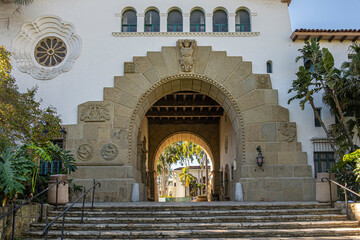 Santa Barbara, CA, USA - November 30, 2023: Santa Barbara County Courthouse garden side of...