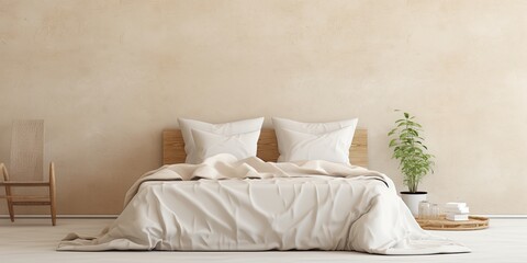 Minimal style house with wabi sabi bedroom, featuring a beige blanket on a double bed and an empty wall for copy space.