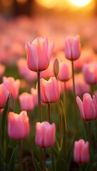 Vibrant sunset glow. vertical composition of exquisite light red tulips bathed in warm evening light © Dipsky