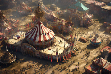 Aerial View of Steampunk Circus Fairground - obrazy, fototapety, plakaty