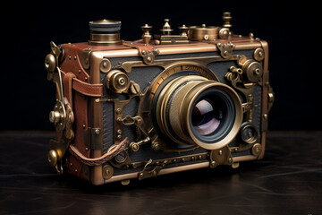 Vintage Steampunk Camera with Brass Lenses and Leather Straps - obrazy, fototapety, plakaty