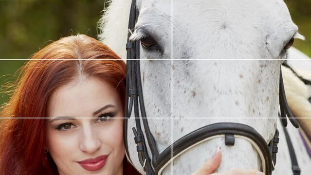 Portraits of four women with horses in forest, collage of photos, HD.