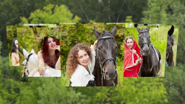 Portraits of seven women with horses in forest, carousel collage of photos, HD.