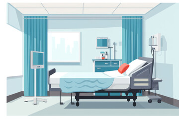 Modern Hospital Interior with Empty Patient Room, Healthcare Equipment, and Professional Doctor in Cartoon Illustration