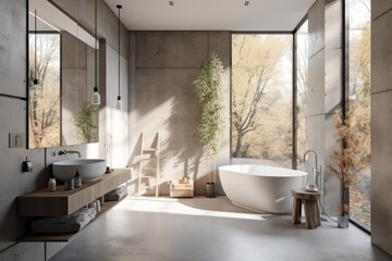 Idea for a concrete panoramic bathroom. White sink, big window, and floor and walls made of concrete. a lateral view a mockup