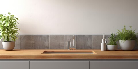  image of empty wooden kitchen countertop with sink and faucet, marble wall tiles, grey storage cabinet, and houseplants.