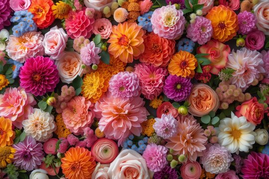 A collage that forms a vibrant and trendy floral mosaic. This collage feature a peony, dahlia, and ranunculus, each known for their bold colors.