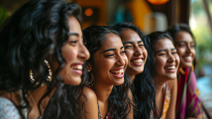 A group of Indian woman talking and laughing together - obrazy, fototapety, plakaty
