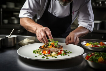 Obraz na płótnie Canvas The Skilled Chef's Delight: A Caucasian Professional Cook Preparing a Delicious Gourmet Dish with Fresh Ingredients, Embracing the Culinary Industry's Passion and Precision, in a Busy Restaurant