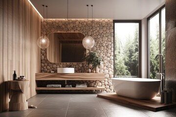 Interior Scene and Mockup, Wood and stone adorned modern bathroom interior