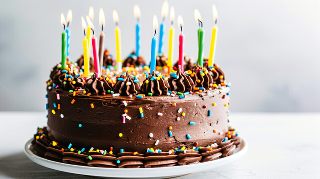 Photo of a chocolate birthday cake with candles.