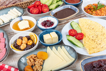 Breakfast table. Traditional Turkish Breakfast Table (Serpme Kahvaltı). Turkish style breakfast. Traditional delicious Turkish breakfast, food concept photo.