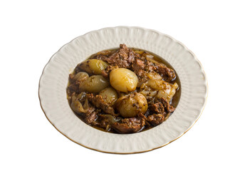 From Turkish cuisine; Onion stew with entrecote. Turkish name; Antrikotlu yogan guvec or yahni