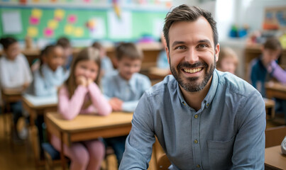 Obraz premium Portrait of smiling male teacher in a class at elementary school looking at camera with learning students on background
