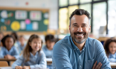 Portrait of smiling male teacher in a class at elementary school looking at camera with learning students on background