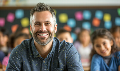 Fototapeta premium Portrait of smiling male teacher in a class at elementary school looking at camera with learning students on background