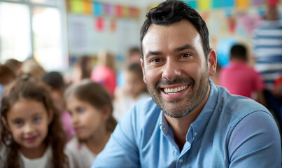 Fototapeta premium Portrait of smiling male teacher in a class at elementary school looking at camera with learning students on background