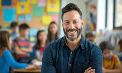 Obraz premium Portrait of smiling male teacher in a class at elementary school looking at camera with learning students on background