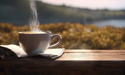 テーブルの上のコーヒー カップのクローズ アップ。ゆったりとした朝の風景｜Close up of coffee cup on table. A relaxing morning scenery. Generative AI