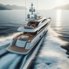 Yacht, cruising, Luxury private motor yacht on the ocean at sunset. Yacht, Kreuzfahrt, Яхта, круизная, Yate, crucero, modern charter or private superyacht.