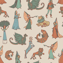 Medieval Seamless Pattren with Floral Motif, Dragons,  Lions, Fantasy Princess