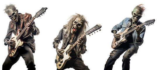 Rockstar zombies collection playing guitar over isolated transparent background - obrazy, fototapety, plakaty