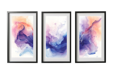 Three thin black frames triptych with watercolor paintings over isolated transparent background