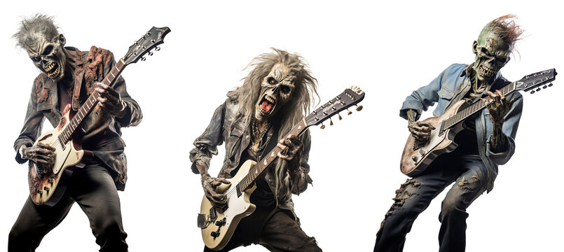 Rockstar zombies collection playing guitar over isolated transparent background