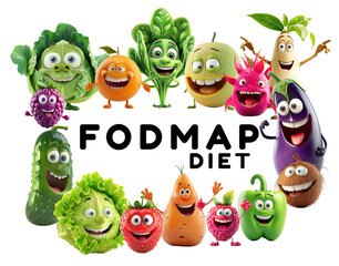 Cartoon 3D vegetables and fruit fodmap diet over white transparent background. Gut health, irritable bowel syndrome concept