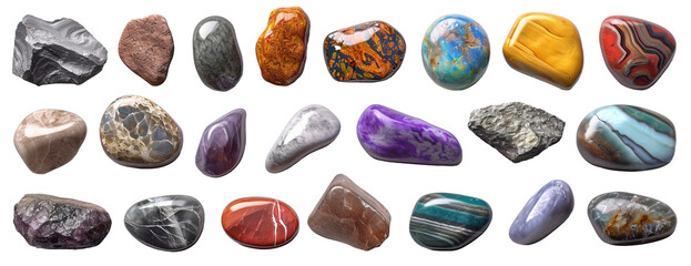 Collage of colorful river stones over isolated transparent background