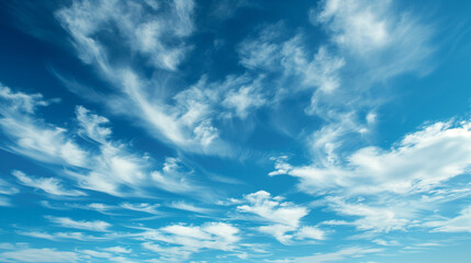 Clear blue sky, soft white clouds drifting, serene and open background
