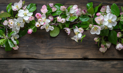 Naklejka na ściany i meble Spring apple blossoms flowering branch on wooden background
