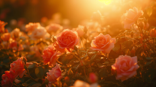 Rose garden at golden hour, warm light filtering through, elegant and luxurious flower background