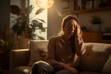 Obraz premium Young woman at home, having headache, migraine, pain. Unhappy and stressed female. High-quality photo