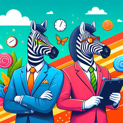 Fototapeta na wymiar Cartoon Portrait Dapper Striped Zebra Boss Businessman Professionals in Colorful Formal Business Suits with White Shirts and Ties on a Colorful Background at the Office. Crossing Well Dressed Elegance