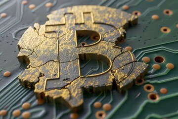 Fototapeta na wymiar cracked gold bitcoin on circuit board, crypto risks concept, generative AI