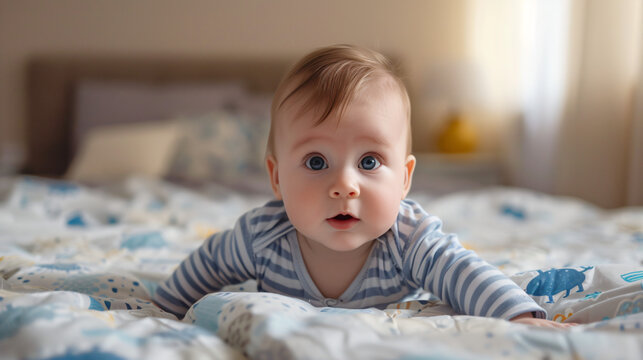 Portrait of a baby boy on the bed in the bedroom.