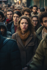 Obraz premium A woman standing in the middle of a crowded street, surrounded by people