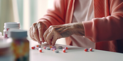 Close up of elderly sick ill woman hands pouring capsules from medication bottle, taking painkiller supplement medicine. Pharmaceutical healthcare treatment concept