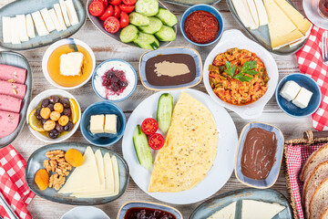 Breakfast table. Traditional Turkish Breakfast Table (Serpme Kahvaltı). Turkish style breakfast....