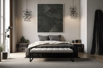 Interior of a bedroom with a chaise couch and a square on the wall has a black mattress on white tubes