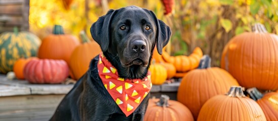Labrador Retriever wearing candy corn bandanna with big pumpkins and gourds nearby.