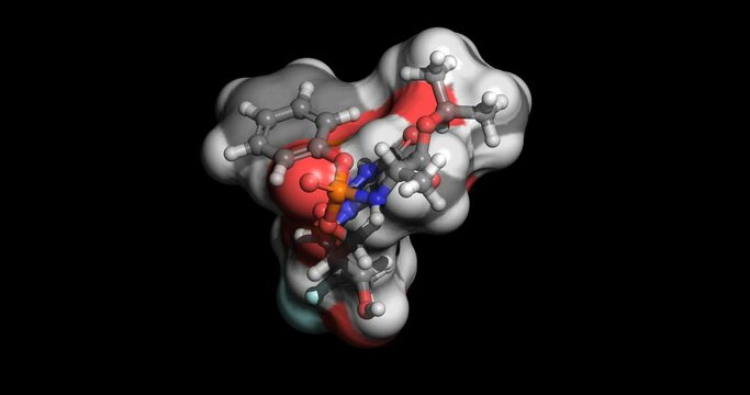 Sofosbuvir, Hepatitis C Virus (HCV) drug, 3D molecule spinning on Y axis, 4K