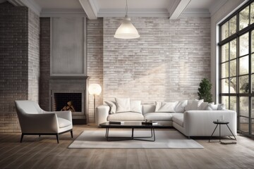 Interior of a living room made of white brick, with a wooden floor, big windows, a fireplace, and a sofa next to a coffee table. simulated toned image