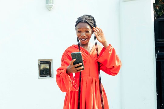 Surprised Happy Young Female Adult Looking Mobile Phone Screen Display